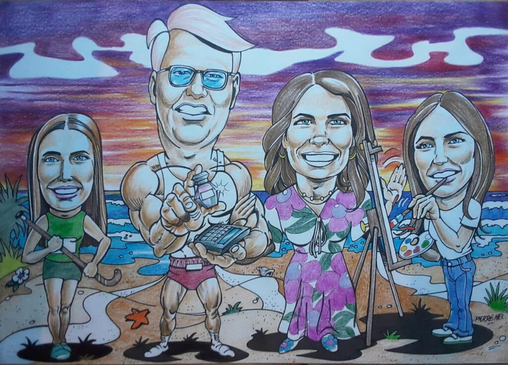 Marnus’s family caricature by Pierre Nel
