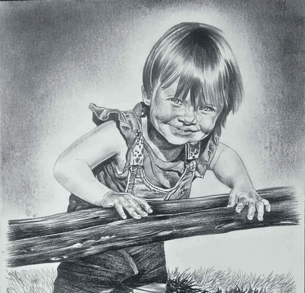 A detailed pencil drawing of a young child holding a fishing rod